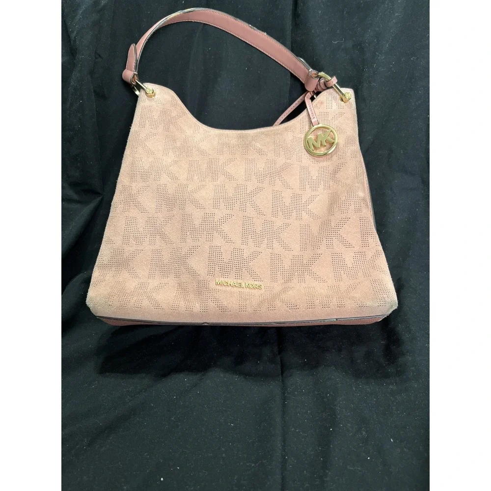 Michael‎ Kors Pink  Logo Perforated Suede Shoulder Purse